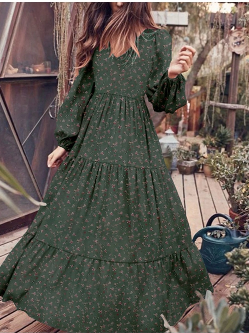 Women’s Dark Green Floral Maxi Dress - Picture 4 of 7